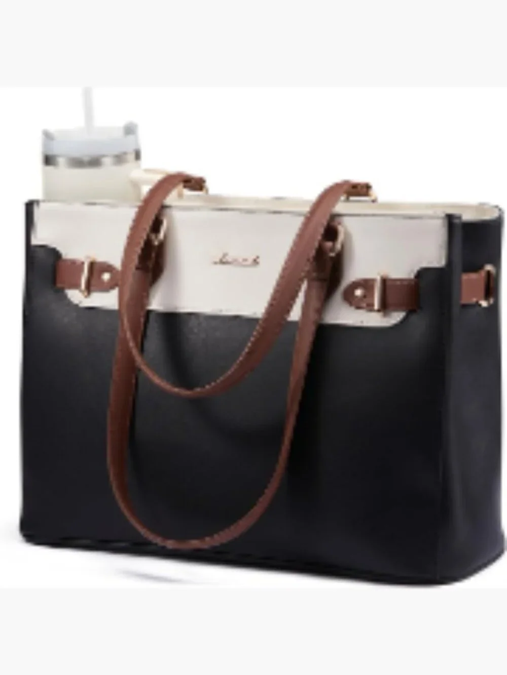 Waterproof PU Leather Laptop Tote with Cup Holder, Large Capacity Work Bag